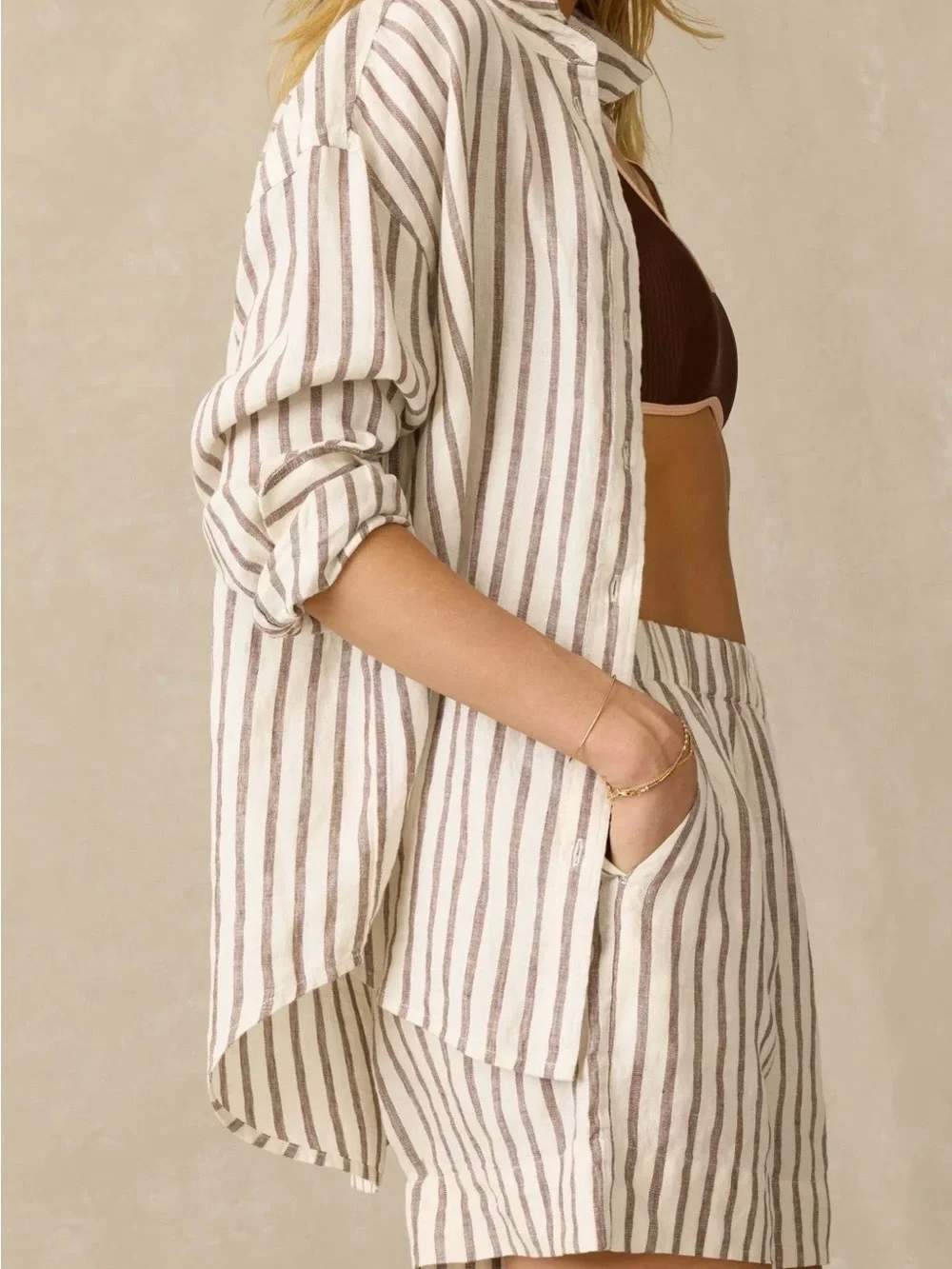 FAHERTY Laguna Linen Relaxed Shirt
in Cocoa Grove Stripe - Picture 4 of 7